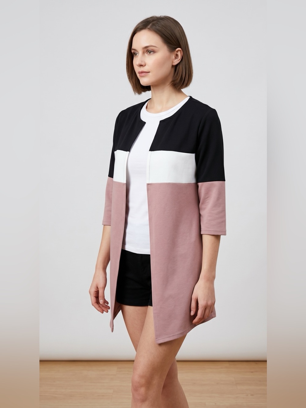 Colorblock Open Front Coatigan in Black, White & Dusty Rose